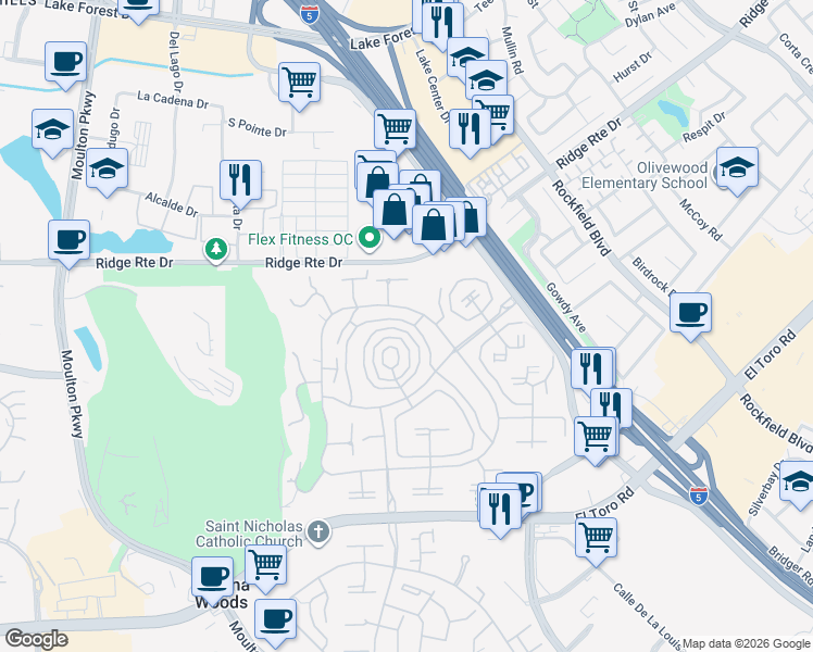 map of restaurants, bars, coffee shops, grocery stores, and more near 2288 Via Puerta in Laguna Woods
