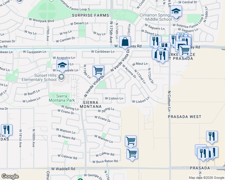 map of restaurants, bars, coffee shops, grocery stores, and more near 14869 North 175th Drive in Surprise