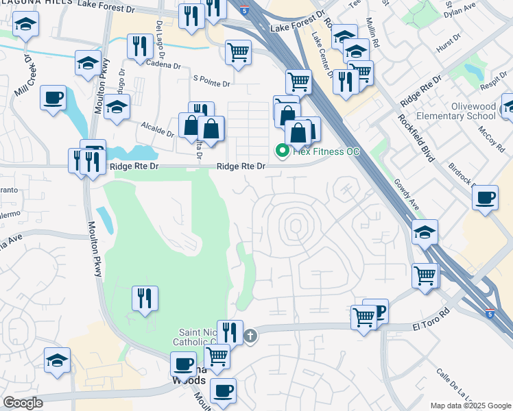 map of restaurants, bars, coffee shops, grocery stores, and more near 2402 Via Mariposa West in Laguna Woods