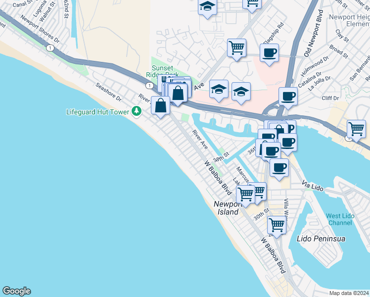 map of restaurants, bars, coffee shops, grocery stores, and more near 123 42nd Street in Newport Beach
