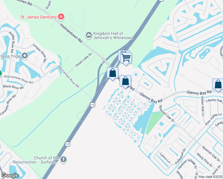 map of restaurants, bars, coffee shops, grocery stores, and more near 2293 Glenns Bay Road in Surfside Beach