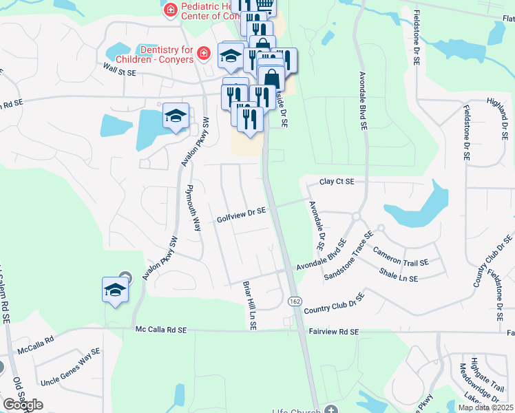 map of restaurants, bars, coffee shops, grocery stores, and more near 2607 Golfview Terrace Southeast in Conyers