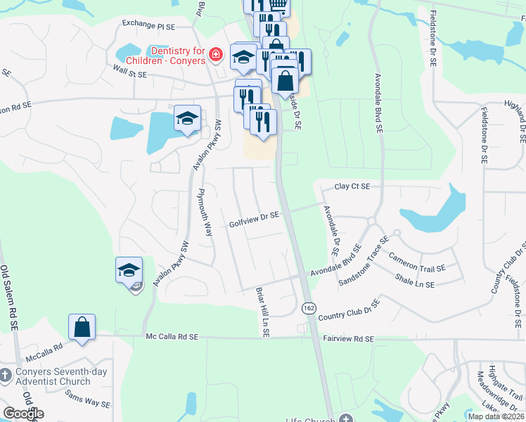 map of restaurants, bars, coffee shops, grocery stores, and more near 2607 Golfview Terrace Southeast in Conyers