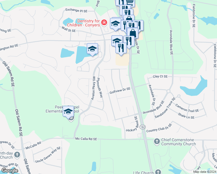 map of restaurants, bars, coffee shops, grocery stores, and more near 2601 Fieldstone View Lane Southeast in Conyers