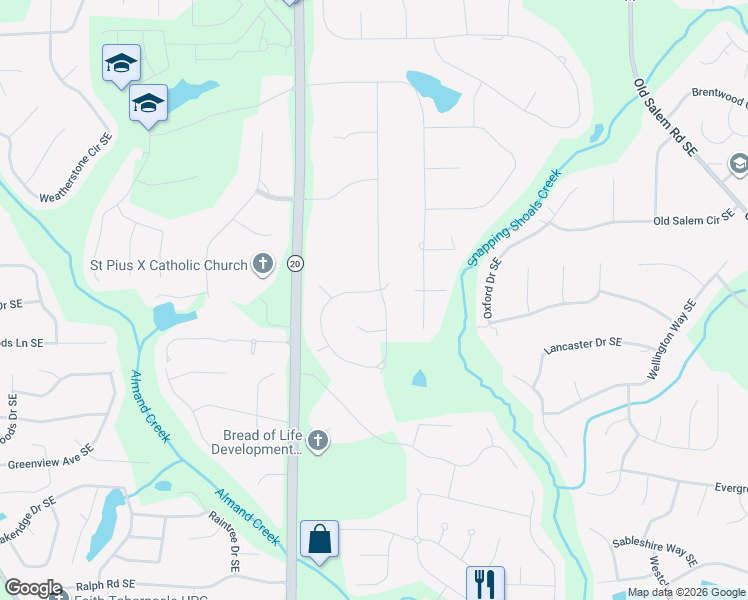 map of restaurants, bars, coffee shops, grocery stores, and more near 2664 Harvest Drive Southeast in Conyers