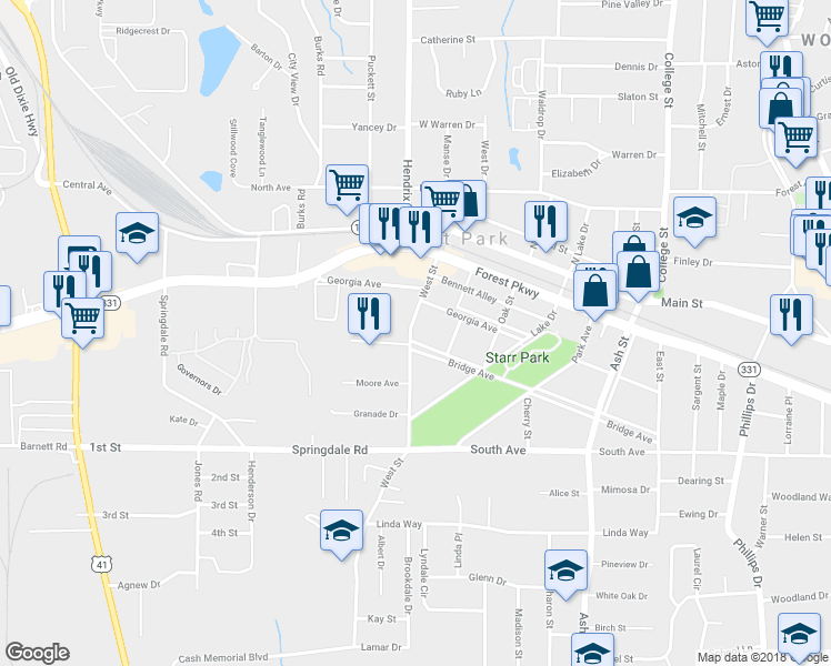 map of restaurants, bars, coffee shops, grocery stores, and more near in Forest Park