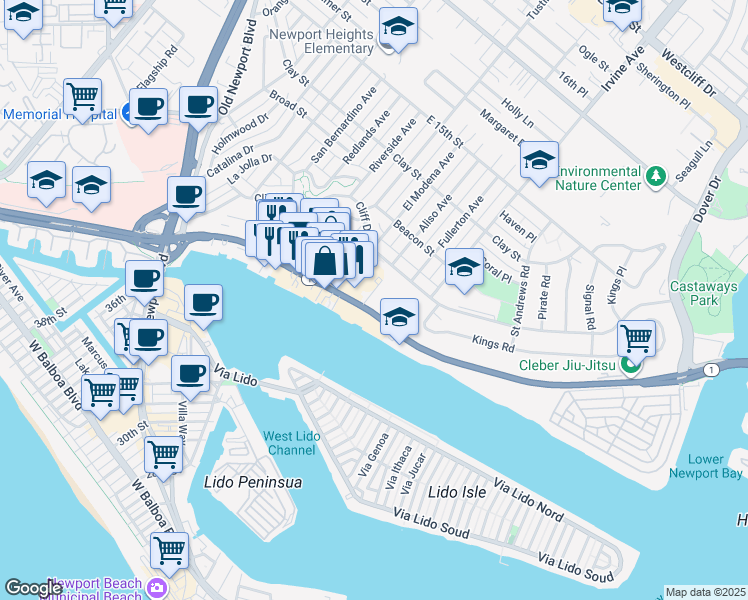 map of restaurants, bars, coffee shops, grocery stores, and more near 2400 West Coast Highway in Newport Beach