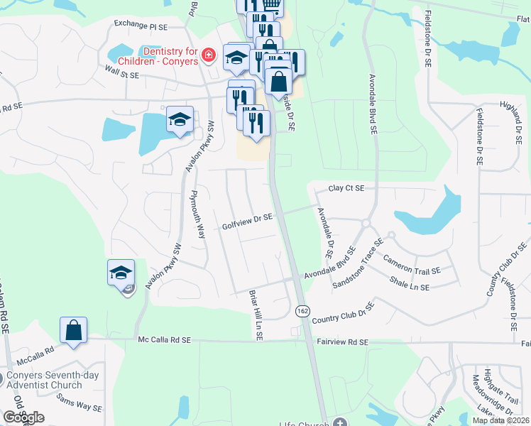 map of restaurants, bars, coffee shops, grocery stores, and more near 2136 Golfview Drive Southeast in Conyers