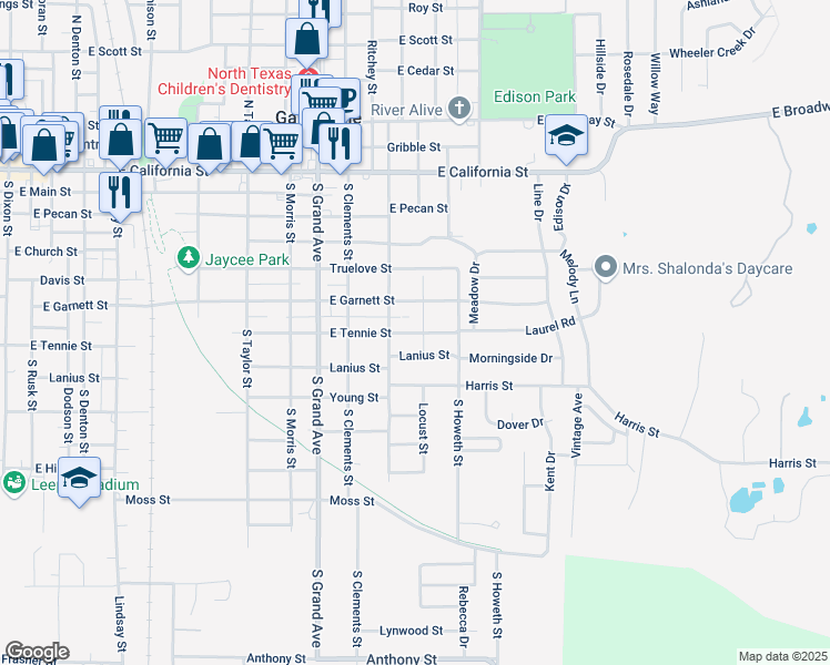 map of restaurants, bars, coffee shops, grocery stores, and more near 1425 East Tennie Street in Gainesville
