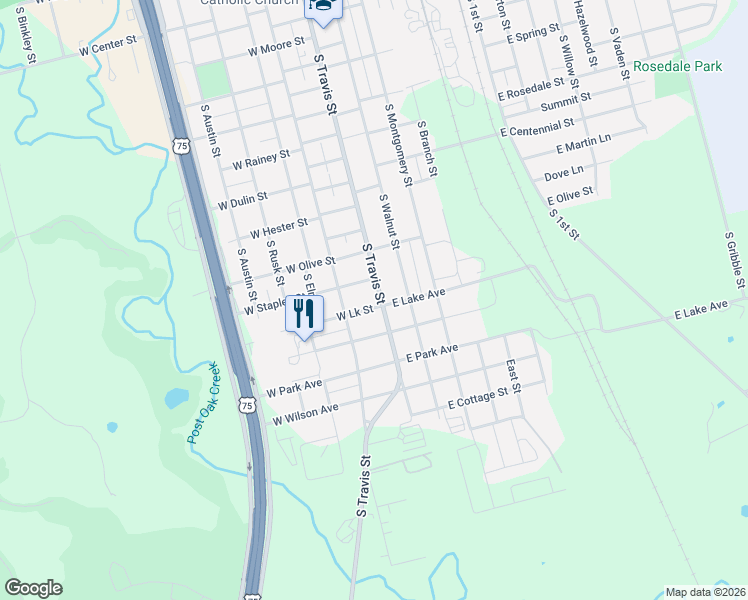 map of restaurants, bars, coffee shops, grocery stores, and more near 1604 South Travis Street in Sherman