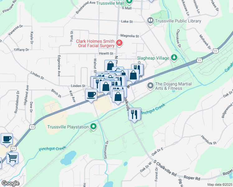 map of restaurants, bars, coffee shops, grocery stores, and more near in Trussville