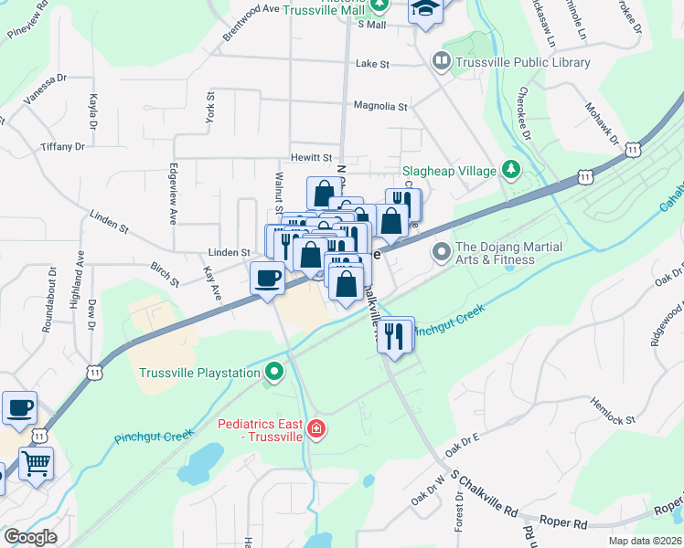 map of restaurants, bars, coffee shops, grocery stores, and more near in Trussville