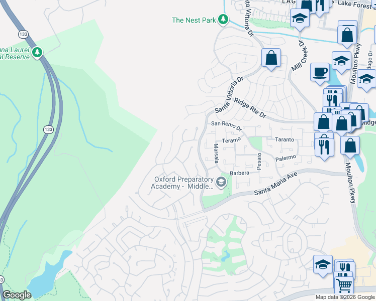 map of restaurants, bars, coffee shops, grocery stores, and more near 5215 Elvira in Laguna Woods