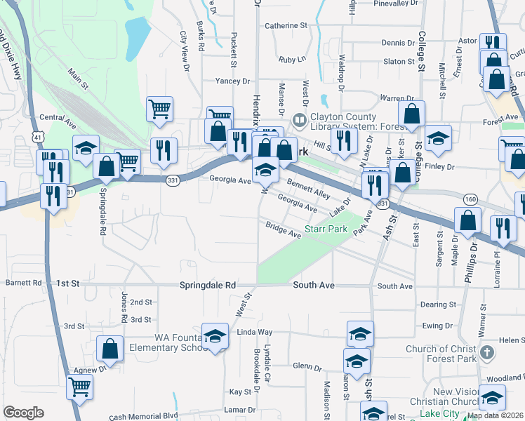 map of restaurants, bars, coffee shops, grocery stores, and more near in Forest Park