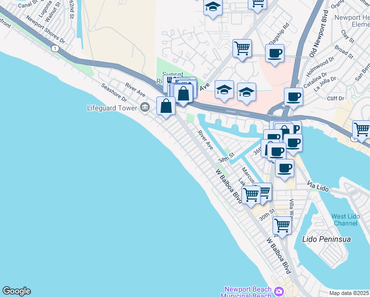 map of restaurants, bars, coffee shops, grocery stores, and more near 4112 Seashore Drive in Newport Beach