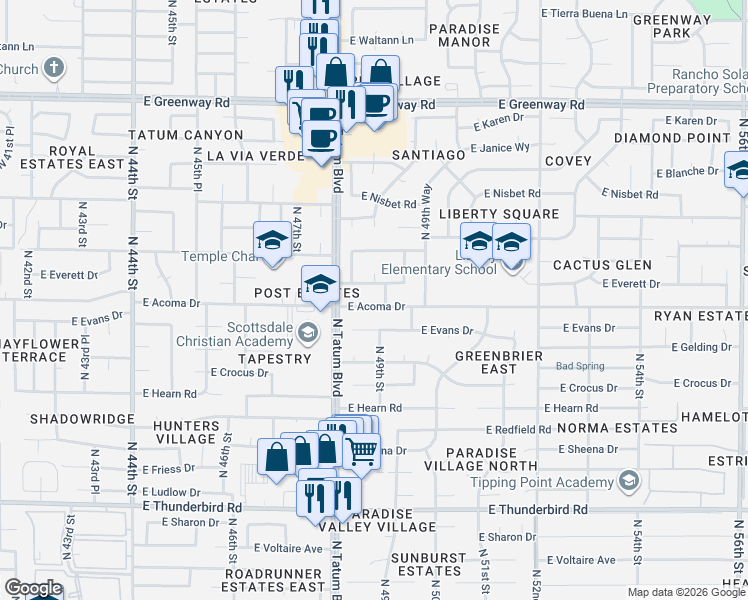 map of restaurants, bars, coffee shops, grocery stores, and more near 4829 East Everett Drive in Scottsdale