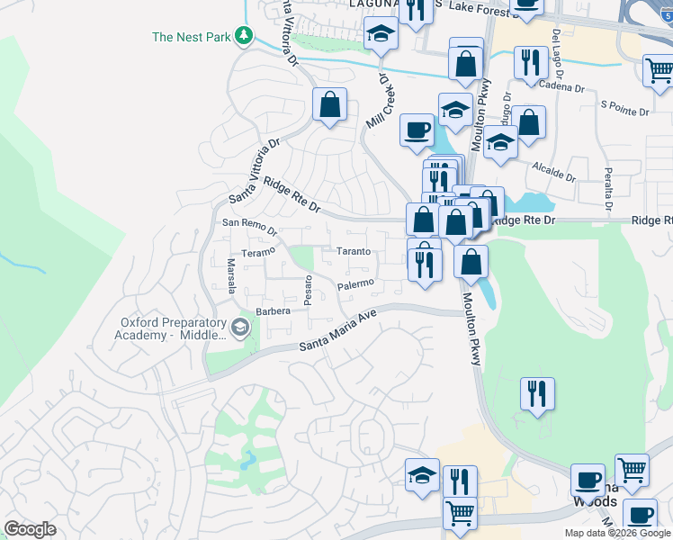 map of restaurants, bars, coffee shops, grocery stores, and more near 23632 Verona in Laguna Hills