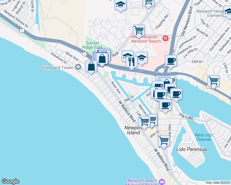map of restaurants, bars, coffee shops, grocery stores, and more near 205 40th Street in Newport Beach