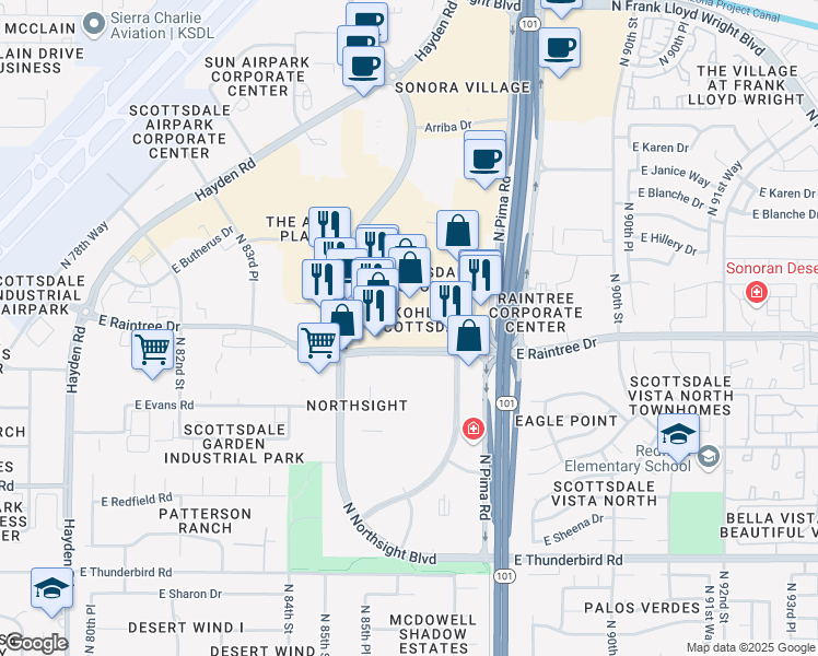 map of restaurants, bars, coffee shops, grocery stores, and more near 8680 East Raintree Drive in Scottsdale