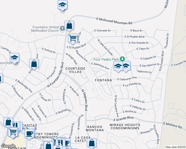 map of restaurants, bars, coffee shops, grocery stores, and more near 17019 East Calle Del Oro in Fountain Hills