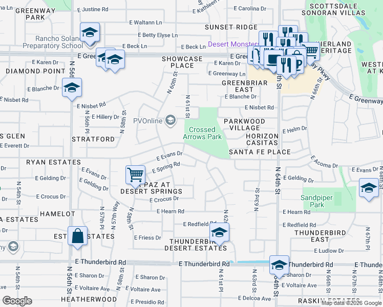 map of restaurants, bars, coffee shops, grocery stores, and more near 6027 East Acoma Drive in Scottsdale