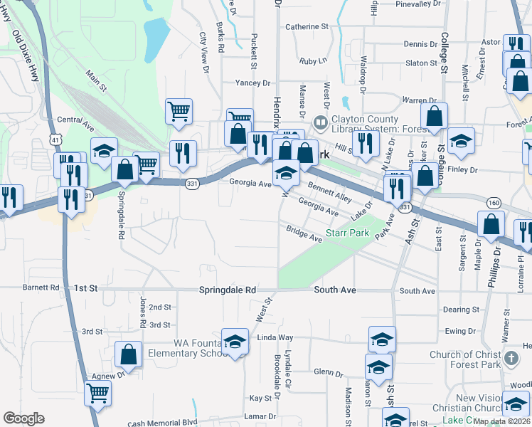 map of restaurants, bars, coffee shops, grocery stores, and more near 4934 West Street in Forest Park