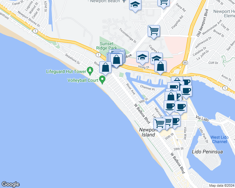map of restaurants, bars, coffee shops, grocery stores, and more near 4112 Seashore Drive in Newport Beach