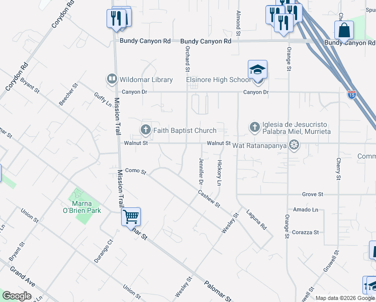 map of restaurants, bars, coffee shops, grocery stores, and more near 34548 Orchard Street in Wildomar