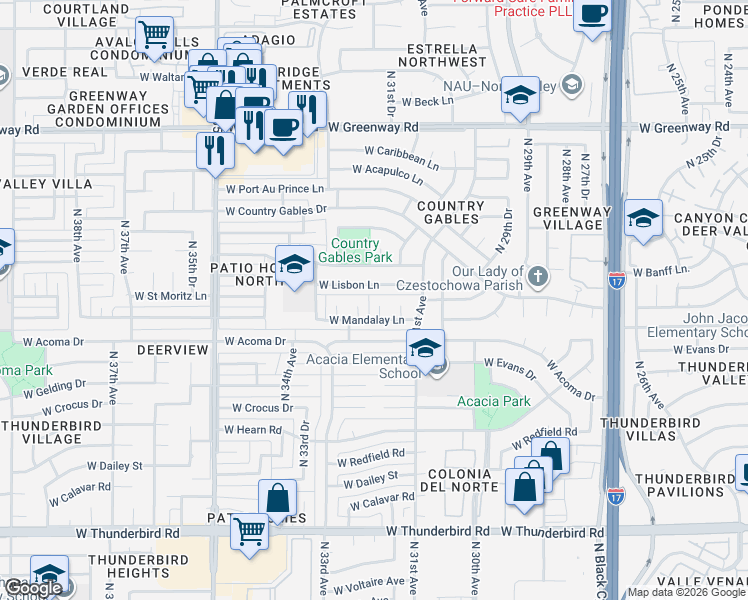 map of restaurants, bars, coffee shops, grocery stores, and more near 3137 West Lisbon Lane in Phoenix