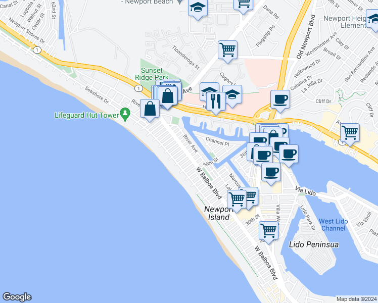 map of restaurants, bars, coffee shops, grocery stores, and more near 205 40th Street in Newport Beach