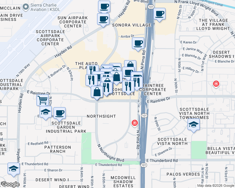 map of restaurants, bars, coffee shops, grocery stores, and more near 8680 East Raintree Drive in Scottsdale