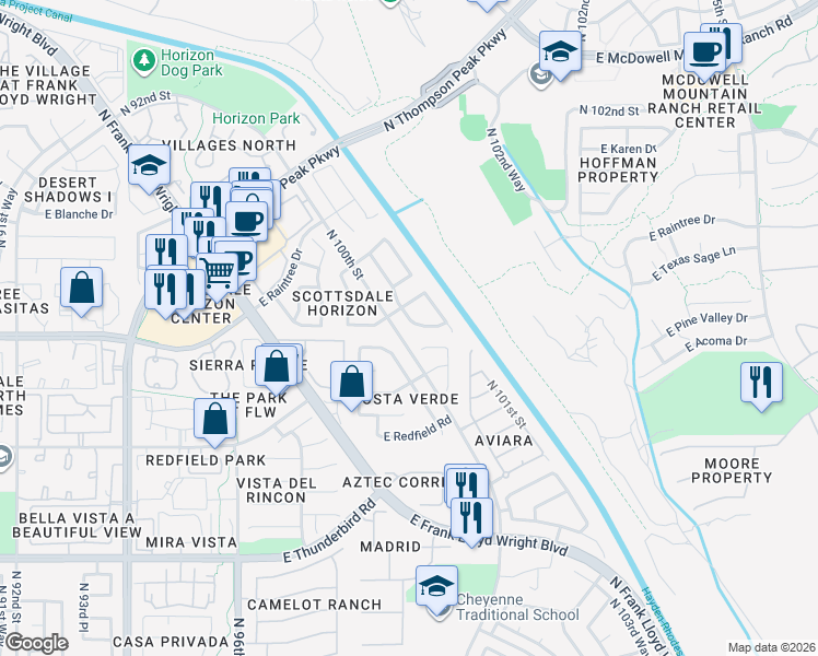 map of restaurants, bars, coffee shops, grocery stores, and more near 14697 North 100th Place in Scottsdale