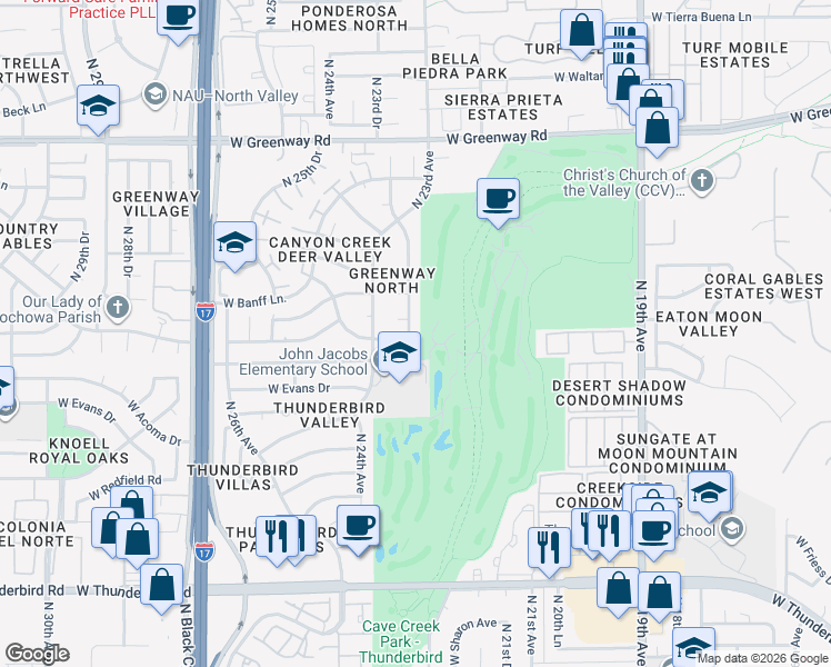 map of restaurants, bars, coffee shops, grocery stores, and more near 14643 North 22nd Lane in Phoenix