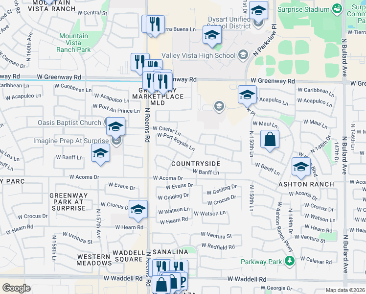 map of restaurants, bars, coffee shops, grocery stores, and more near 15352 West Port Royale Lane in Surprise