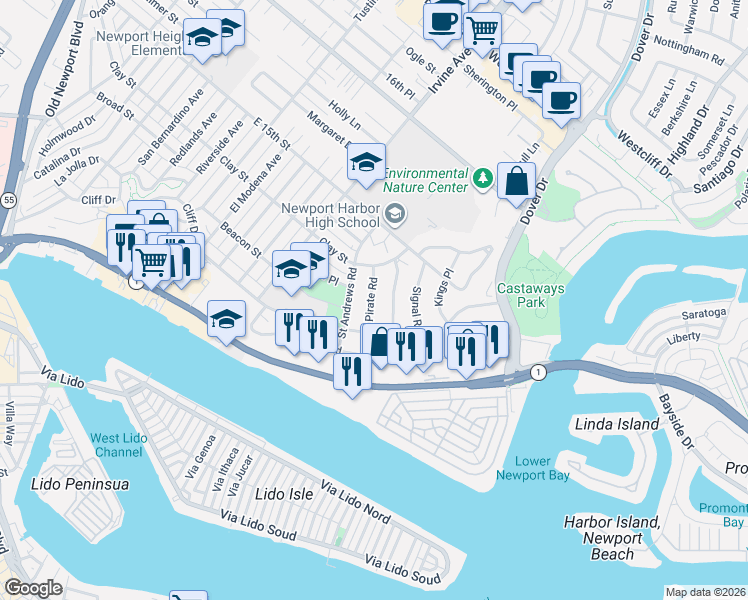 map of restaurants, bars, coffee shops, grocery stores, and more near 415 Pirate Road in Newport Beach
