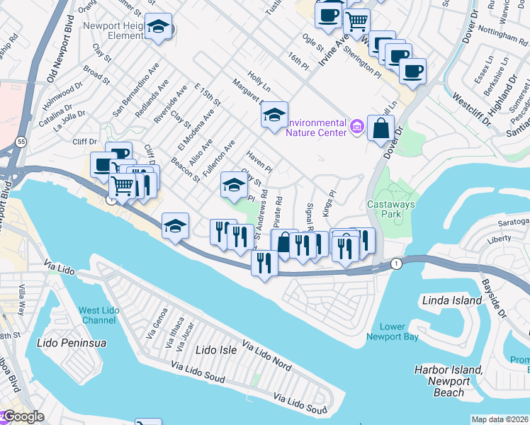map of restaurants, bars, coffee shops, grocery stores, and more near 415 Pirate Road in Newport Beach
