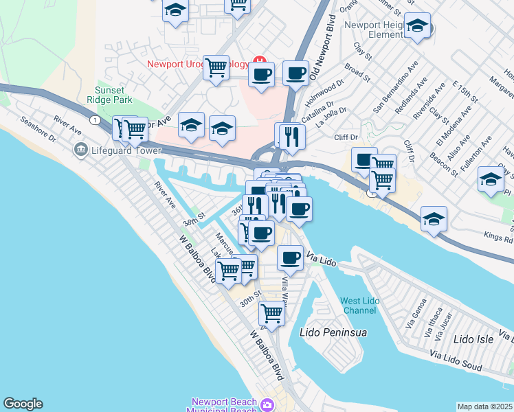 map of restaurants, bars, coffee shops, grocery stores, and more near in Newport Beach