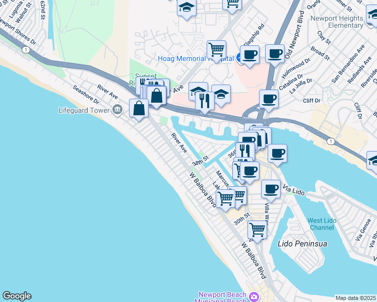 map of restaurants, bars, coffee shops, grocery stores, and more near 212 41st Street in Newport Beach