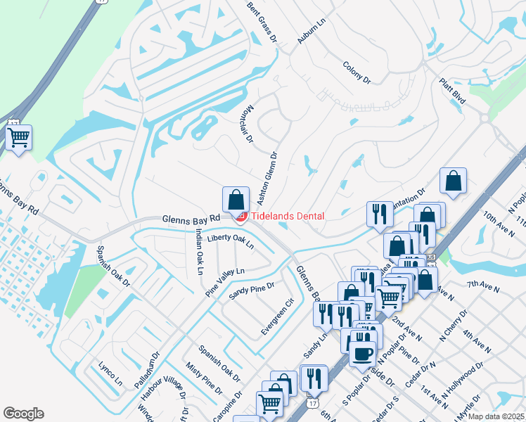 map of restaurants, bars, coffee shops, grocery stores, and more near 222A Garden Drive in Surfside Beach