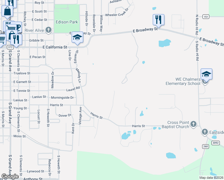 map of restaurants, bars, coffee shops, grocery stores, and more near 2395 Harris Street in Gainesville