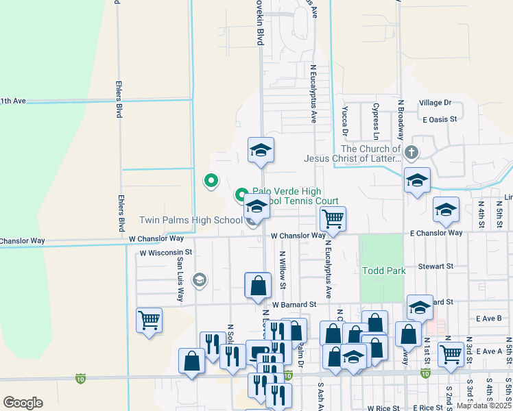 map of restaurants, bars, coffee shops, grocery stores, and more near 550 North Lovekin Boulevard in Blythe