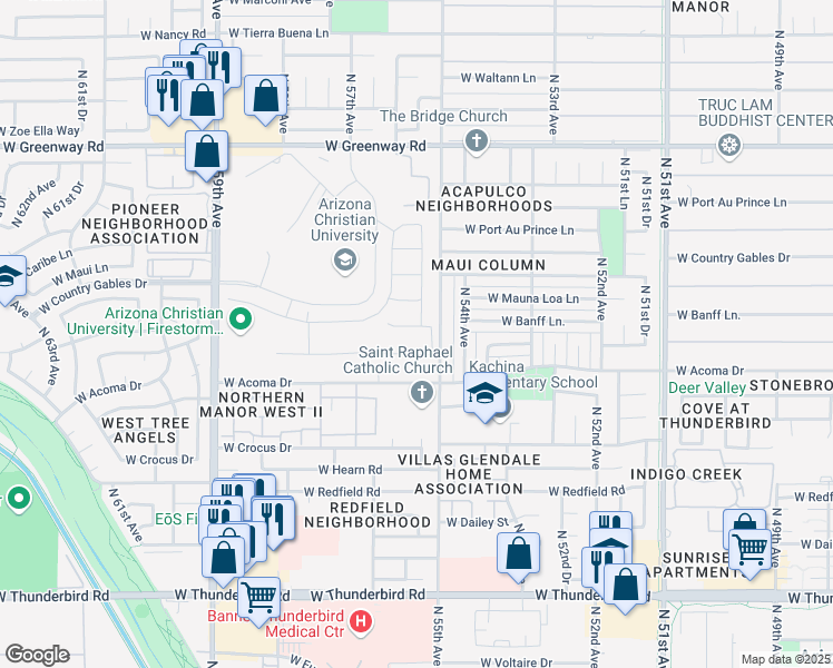 map of restaurants, bars, coffee shops, grocery stores, and more near 5519 West Banff Lane in Glendale