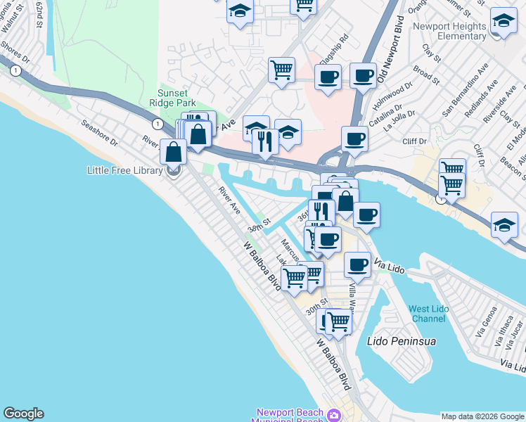 map of restaurants, bars, coffee shops, grocery stores, and more near 400 40th Street in Newport Beach