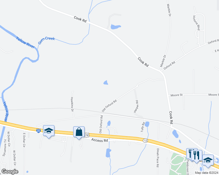 map of restaurants, bars, coffee shops, grocery stores, and more near 224 Old Oxford Road in Covington