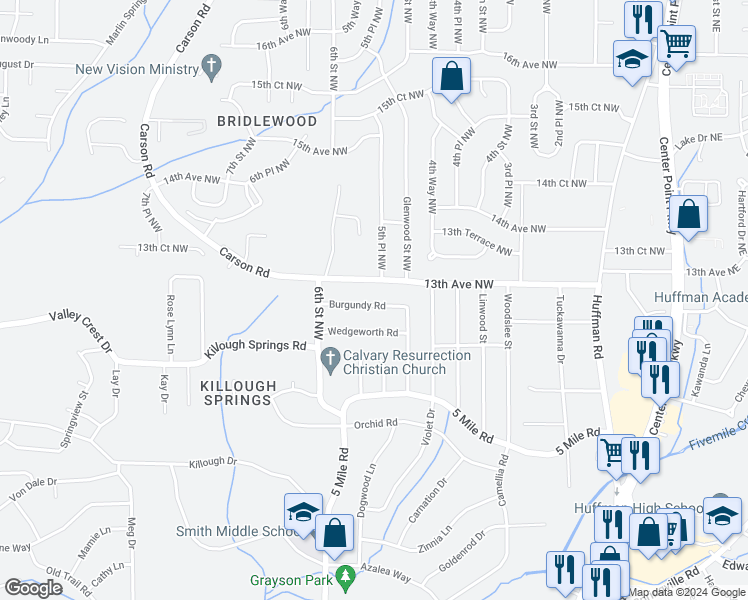 map of restaurants, bars, coffee shops, grocery stores, and more near 424 Burgundy Road in Birmingham
