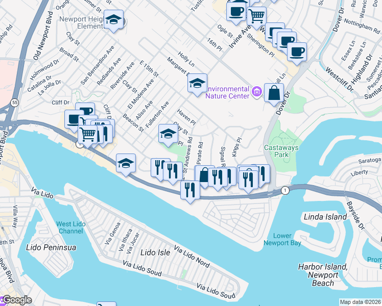 map of restaurants, bars, coffee shops, grocery stores, and more near 415 Pirate Road in Newport Beach
