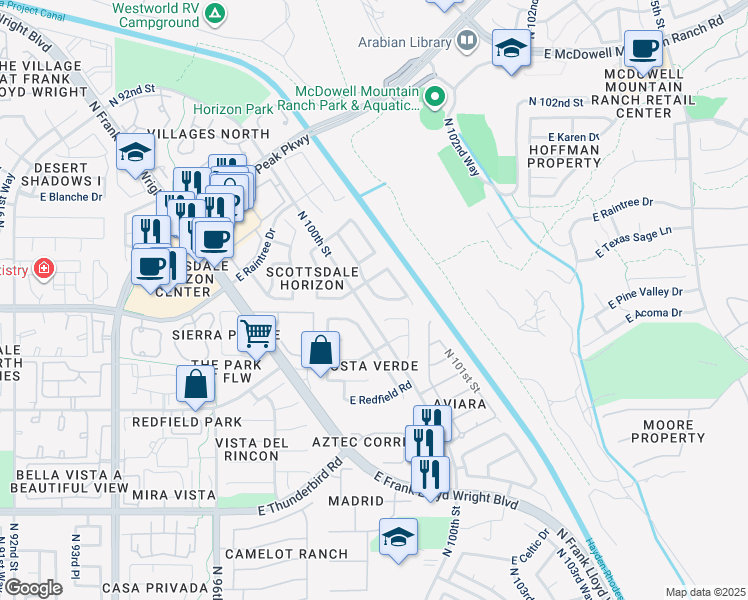 map of restaurants, bars, coffee shops, grocery stores, and more near 14697 North 100th Place in Scottsdale