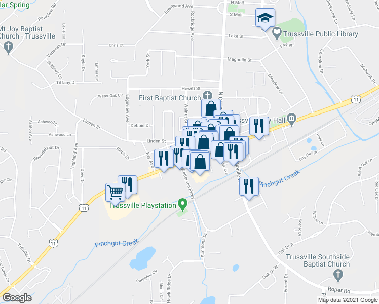 map of restaurants, bars, coffee shops, grocery stores, and more near 312 Main Street in Trussville