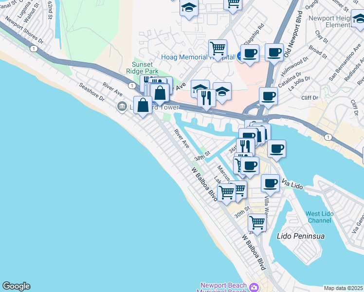 map of restaurants, bars, coffee shops, grocery stores, and more near 207 40th Street in Newport Beach