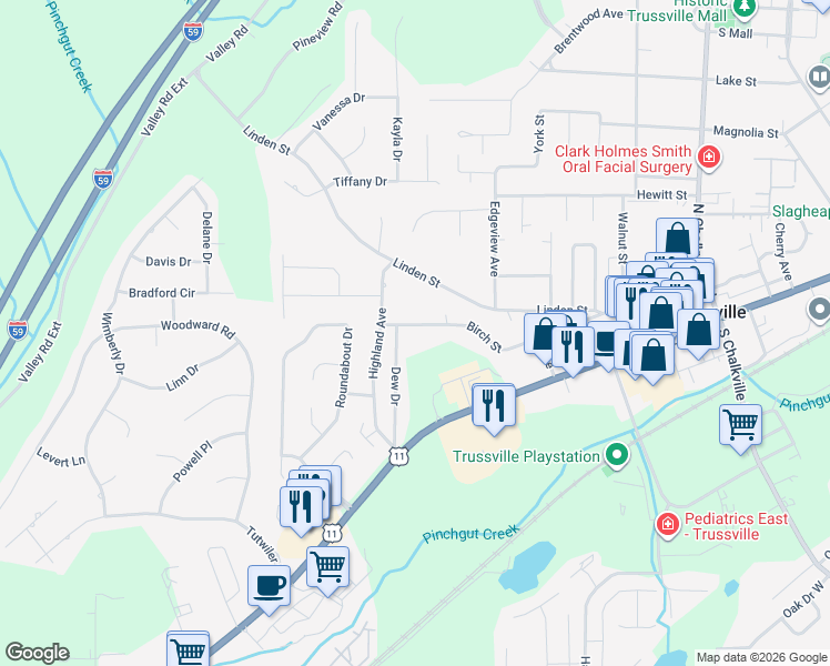 map of restaurants, bars, coffee shops, grocery stores, and more near 526 Birch Street in Trussville